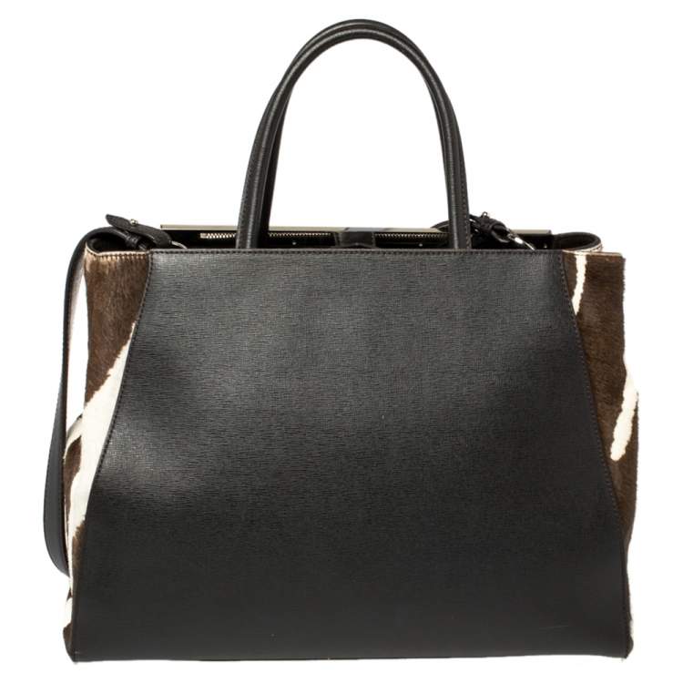 Pre Owned Fendi Dark Brown/White Leather and Calf Hair Medium 2jours Tote