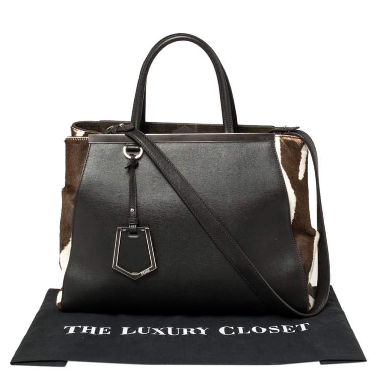 Pre Owned Fendi Dark Brown/White Leather and Calf Hair Medium 2jours Tote