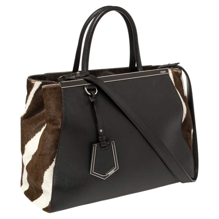 Pre Owned Fendi Dark Brown/White Leather and Calf Hair Medium 2jours Tote