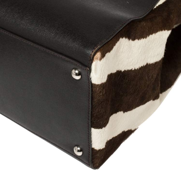 Pre Owned Fendi Dark Brown/White Leather and Calf Hair Medium 2jours Tote