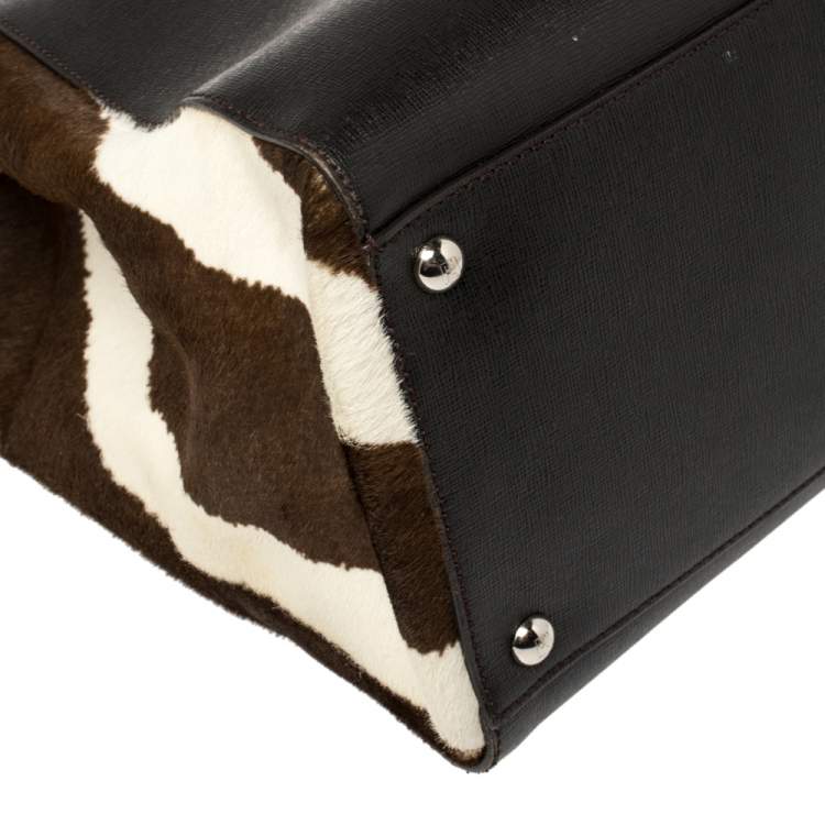 Pre Owned Fendi Dark Brown/White Leather and Calf Hair Medium 2jours Tote
