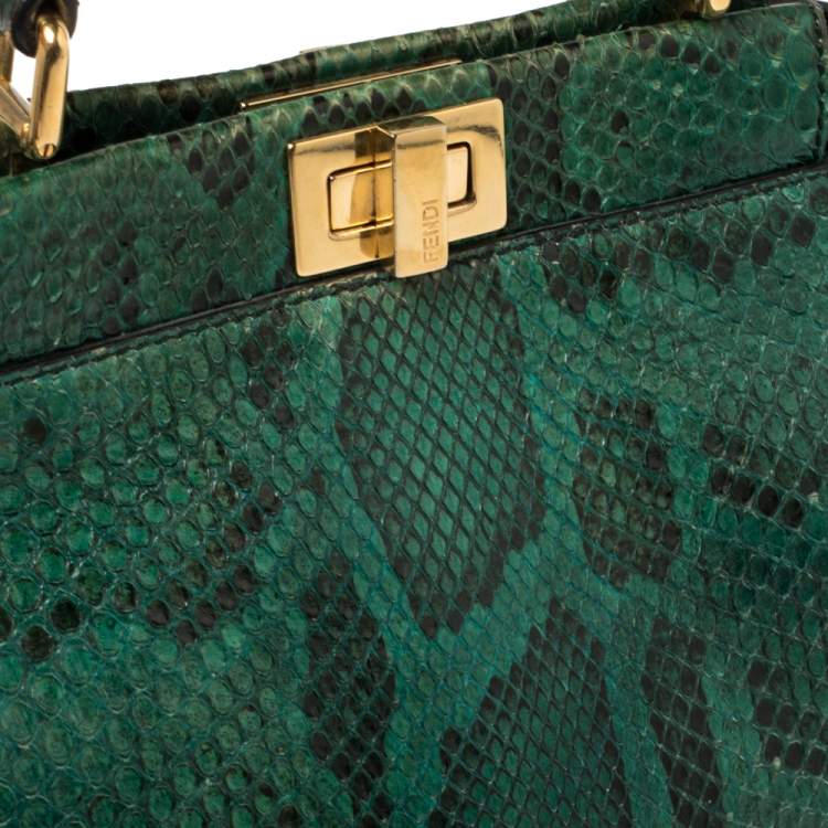 Pre Owned Fendi Green/Black Python Mini Peekaboo Top Handle Bag