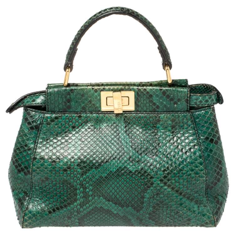 Pre Owned Fendi Green/Black Python Mini Peekaboo Top Handle Bag