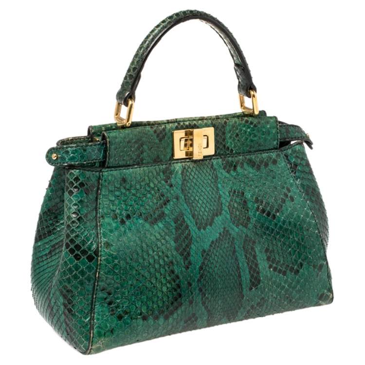 Pre Owned Fendi Green/Black Python Mini Peekaboo Top Handle Bag