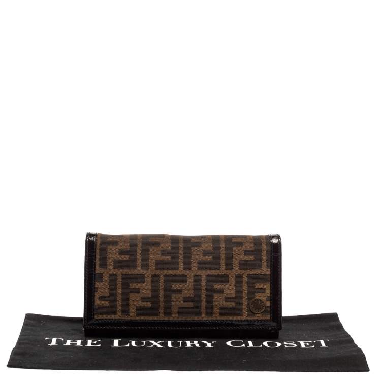 Pre Owned Fendi Tobacco Zucca Canvas and Patent Leather Flap Continental Wallet