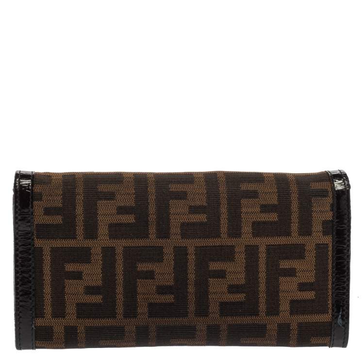 Pre Owned Fendi Tobacco Zucca Canvas and Patent Leather Flap Continental Wallet