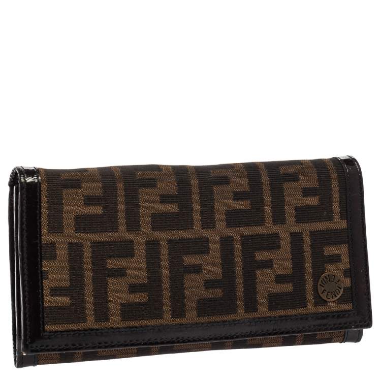 Pre Owned Fendi Tobacco Zucca Canvas and Patent Leather Flap Continental Wallet