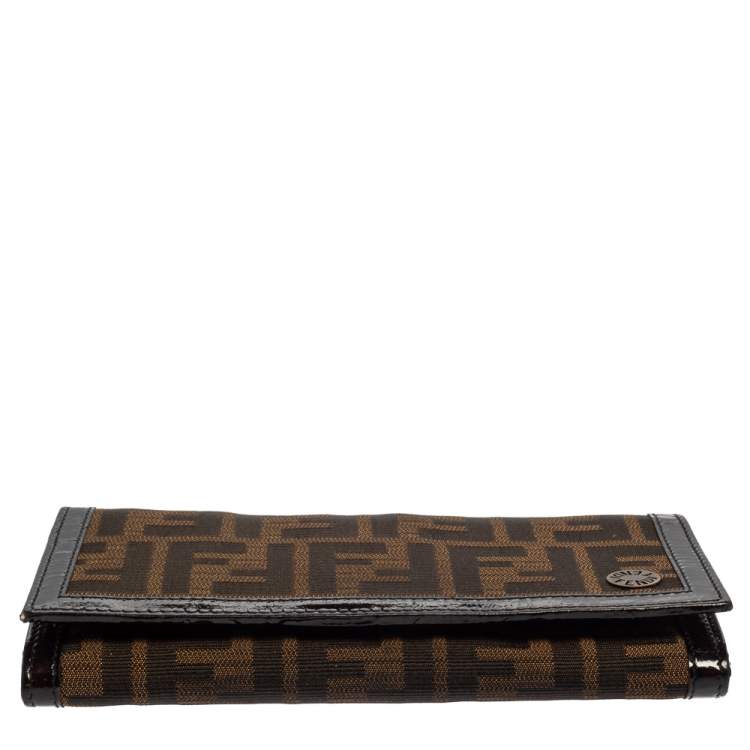 Pre Owned Fendi Tobacco Zucca Canvas and Patent Leather Flap Continental Wallet