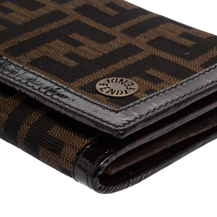 Pre Owned Fendi Tobacco Zucca Canvas and Patent Leather Flap Continental Wallet