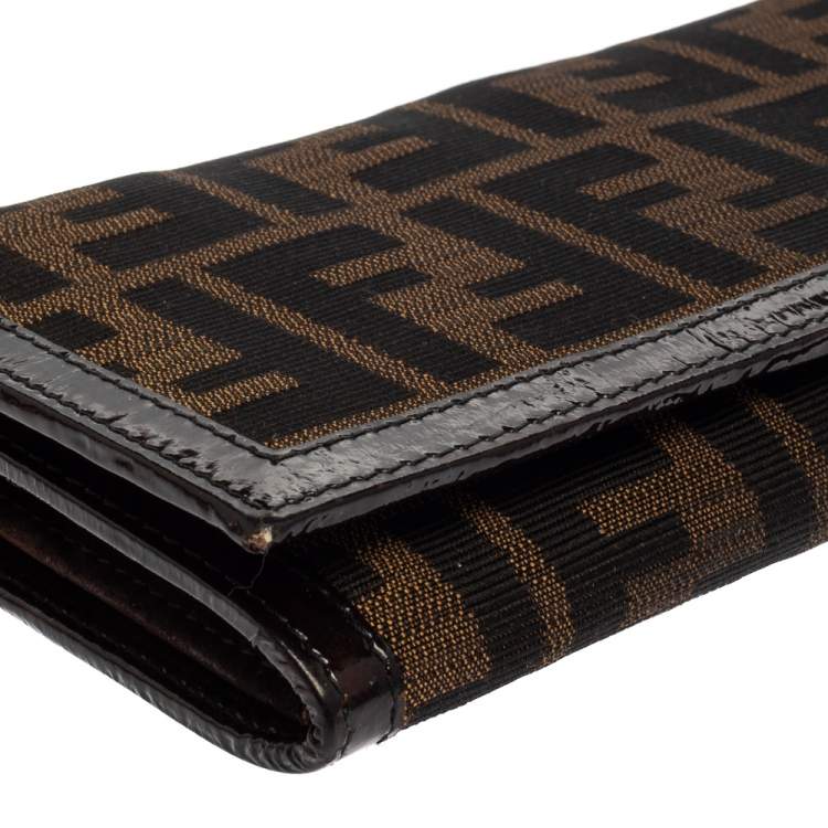 Pre Owned Fendi Tobacco Zucca Canvas and Patent Leather Flap Continental Wallet
