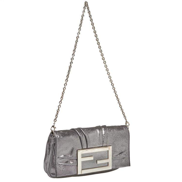 Pre Owned Fendi Metallic Silver Leather Mia Pochette Bag 