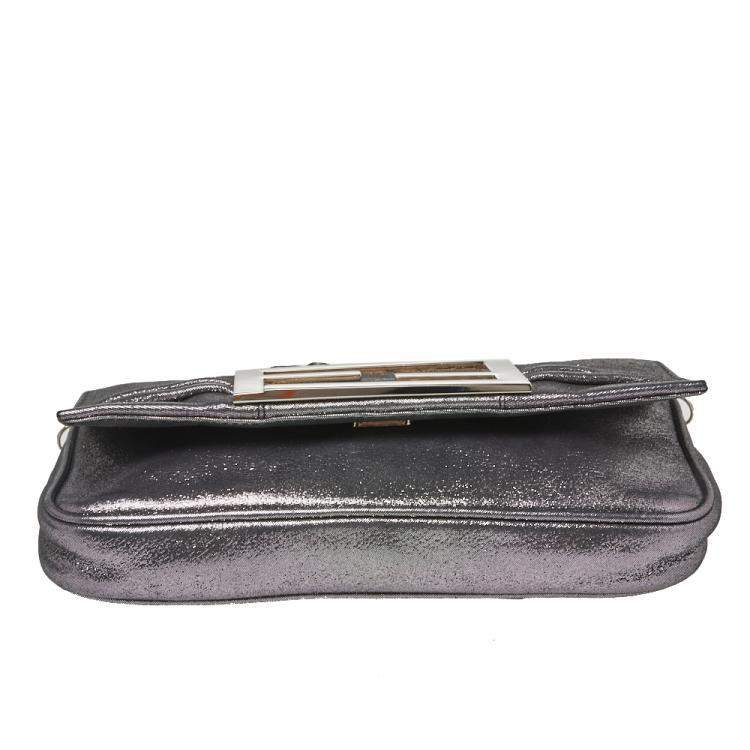 Pre Owned Fendi Metallic Silver Leather Mia Pochette Bag 