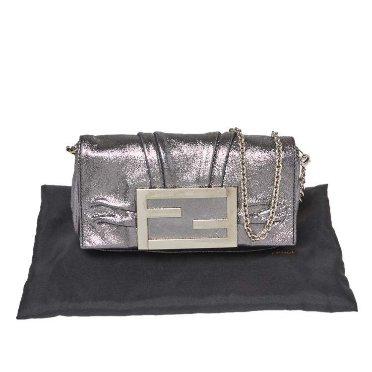 Pre Owned Fendi Metallic Silver Leather Mia Pochette Bag 