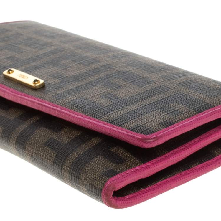 Pre Owned Fendi Tobacco/Pink  Zucca Coated Canvas and Leather Continental Wallet