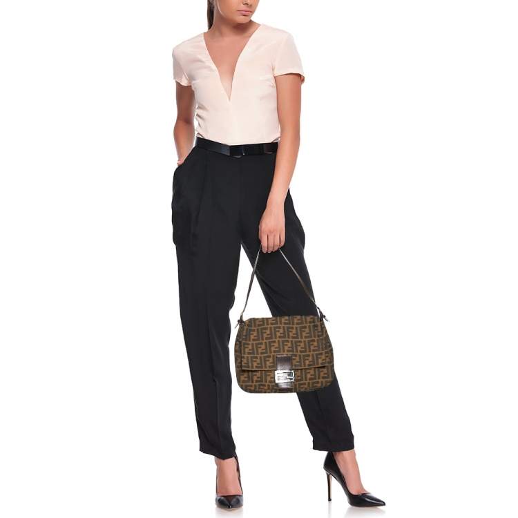 Pre Owned Fendi Tobacco Zucca Canvas and Leather Mama Baguette Bag