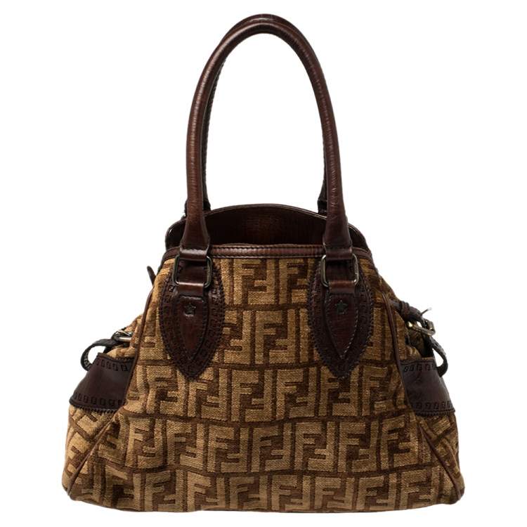Pre Owned  Fendi Brown Zucca Velvet and Leather Small Chef De Jour Bag