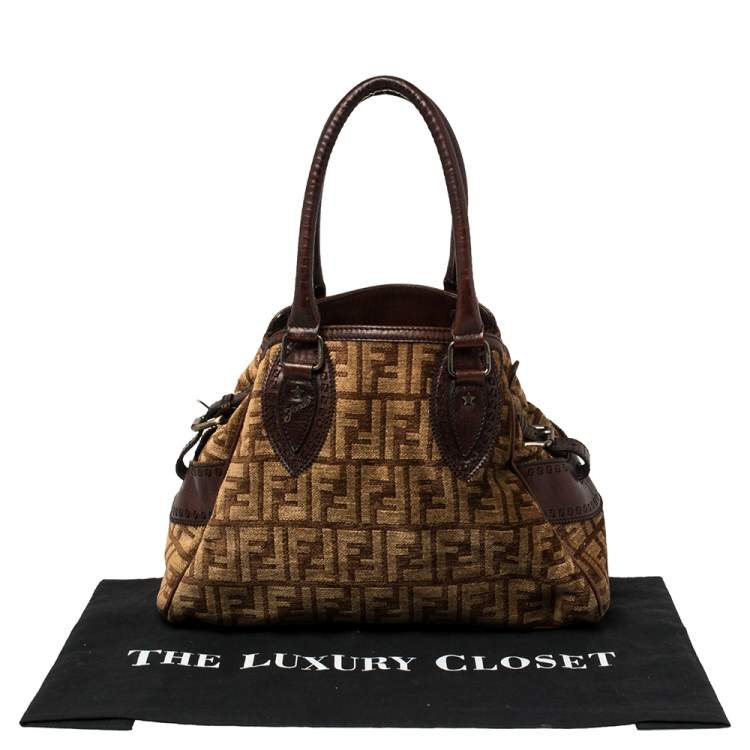 Pre Owned  Fendi Brown Zucca Velvet and Leather Small Chef De Jour Bag
