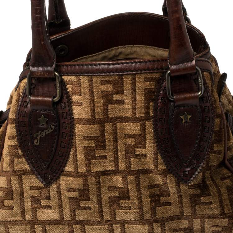 Pre Owned  Fendi Brown Zucca Velvet and Leather Small Chef De Jour Bag