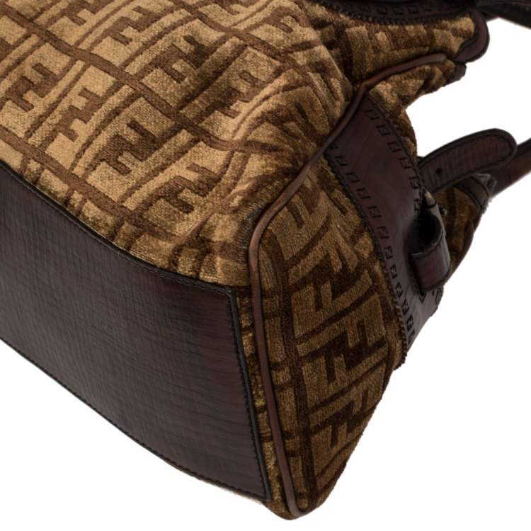 Pre Owned  Fendi Brown Zucca Velvet and Leather Small Chef De Jour Bag