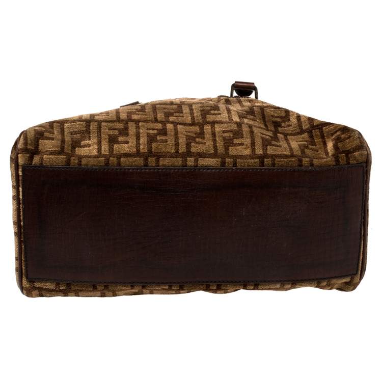 Pre Owned  Fendi Brown Zucca Velvet and Leather Small Chef De Jour Bag