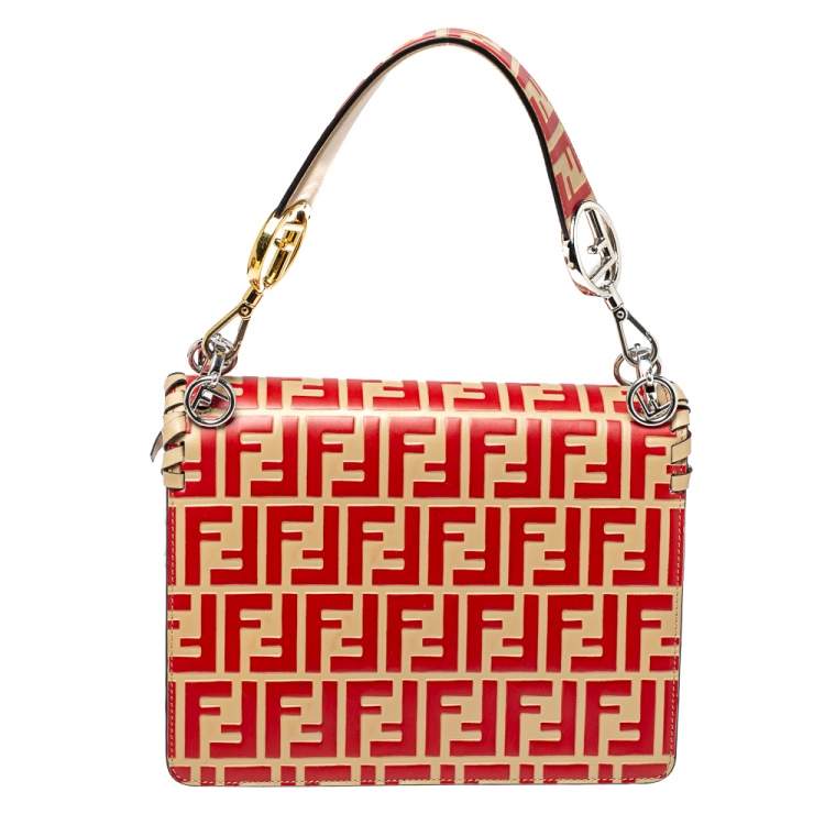Pre Owned Fendi Beige/Red Zucca Leather Small Whipstitched Kan I F Top Handle Bag