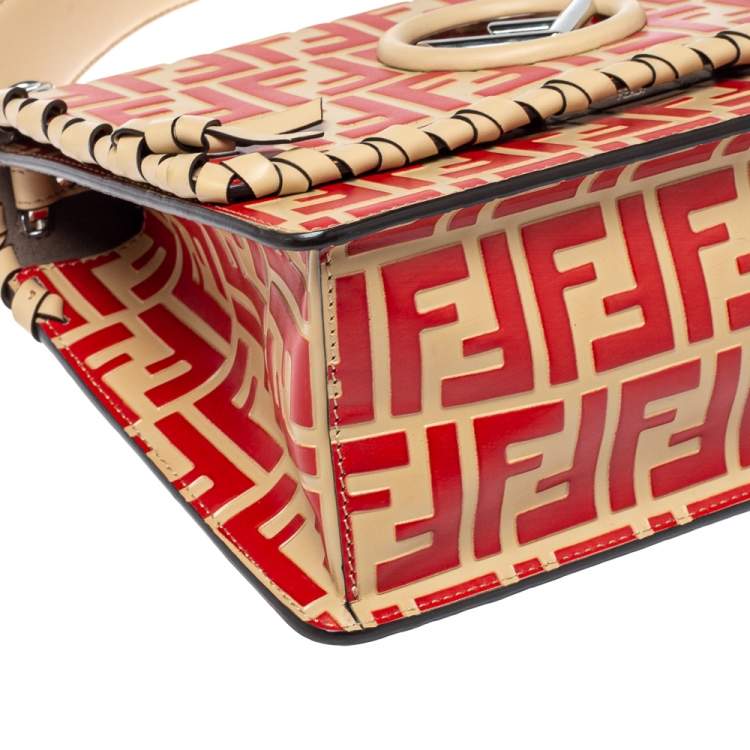 Pre Owned Fendi Beige/Red Zucca Leather Small Whipstitched Kan I F Top Handle Bag