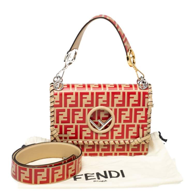 Pre Owned Fendi Beige/Red Zucca Leather Small Whipstitched Kan I F Top Handle Bag