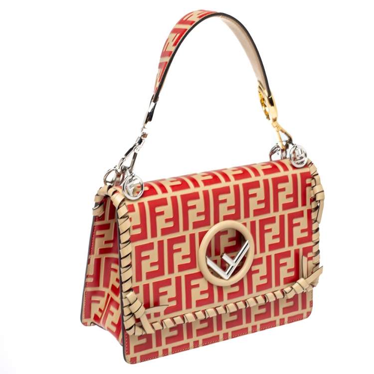 Pre Owned Fendi Beige/Red Zucca Leather Small Whipstitched Kan I F Top Handle Bag