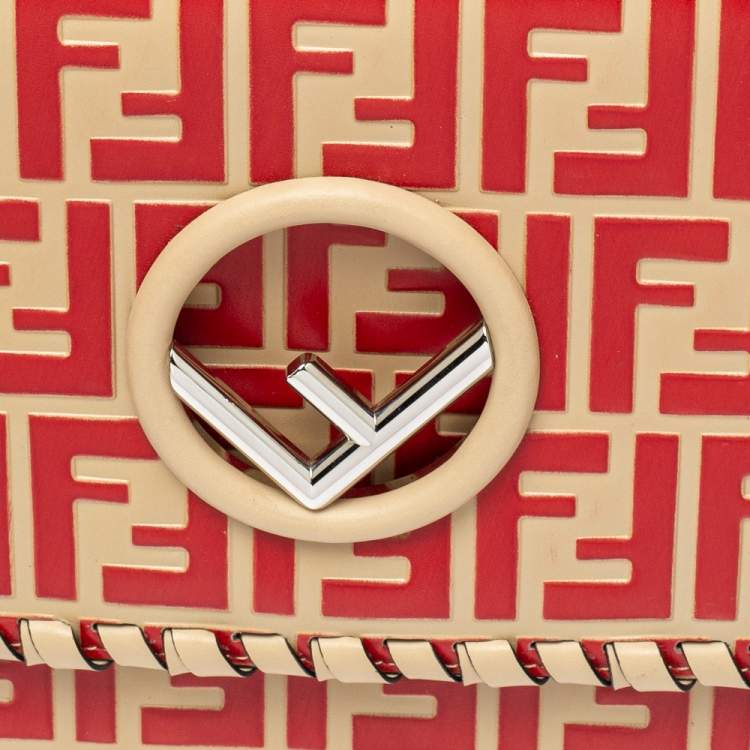 Pre Owned Fendi Beige/Red Zucca Leather Small Whipstitched Kan I F Top Handle Bag