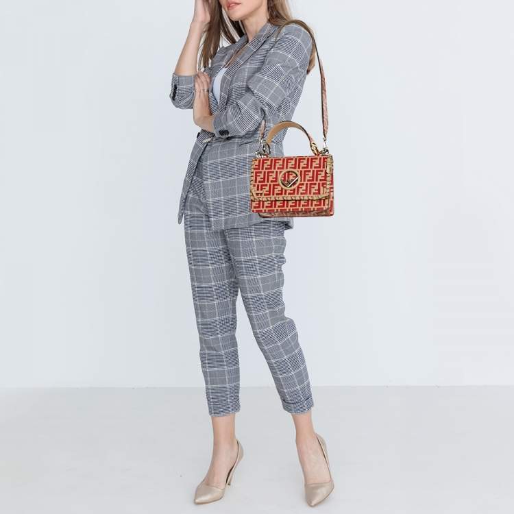 Pre Owned Fendi Beige/Red Zucca Leather Small Whipstitched Kan I F Top Handle Bag