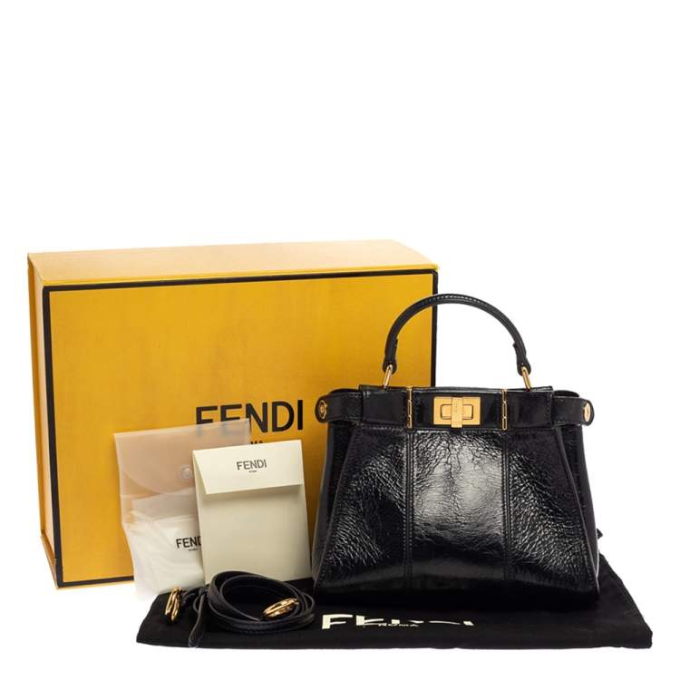 Pre Owned Fendi Black Crinkled Leather Mini Peekaboo Top Handle Bag