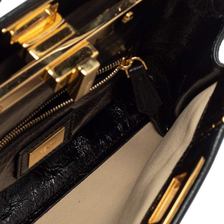 Pre Owned Fendi Black Crinkled Leather Mini Peekaboo Top Handle Bag