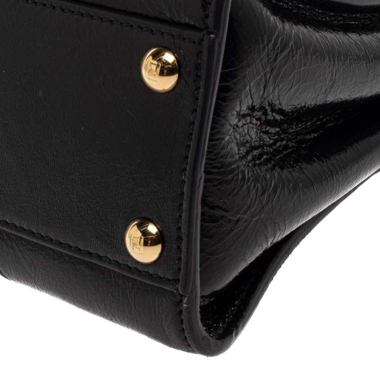 Pre Owned Fendi Black Crinkled Leather Mini Peekaboo Top Handle Bag