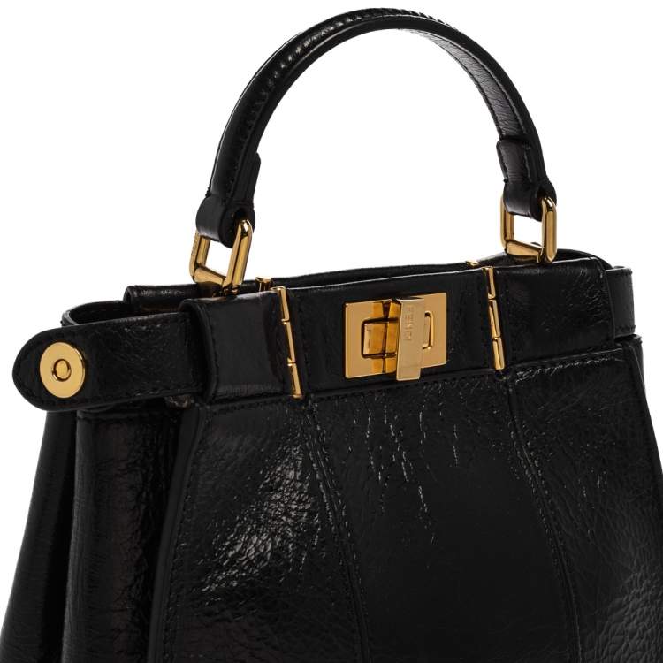 Pre Owned Fendi Black Crinkled Leather Mini Peekaboo Top Handle Bag