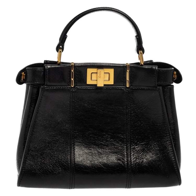 Pre Owned Fendi Black Crinkled Leather Mini Peekaboo Top Handle Bag