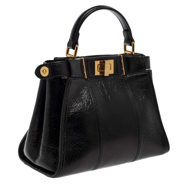 Pre Owned Fendi Black Crinkled Leather Mini Peekaboo Top Handle Bag