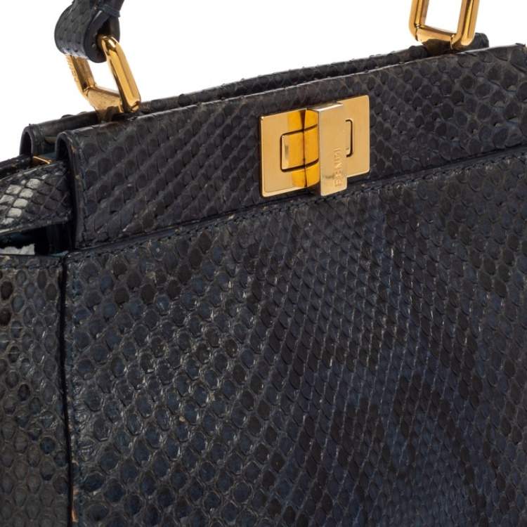 Pre Owned Fendi Navy Blue/Black Python Mini Peekaboo Top Handle Bag