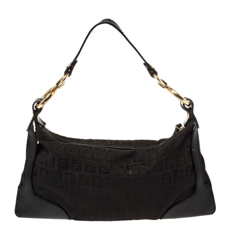 Pre Owned Fendi Black Zucchino Canvas Front Pocket Shoulder Bag