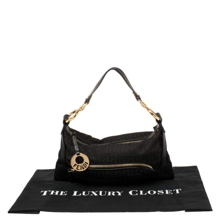 Pre Owned Fendi Black Zucchino Canvas Front Pocket Shoulder Bag