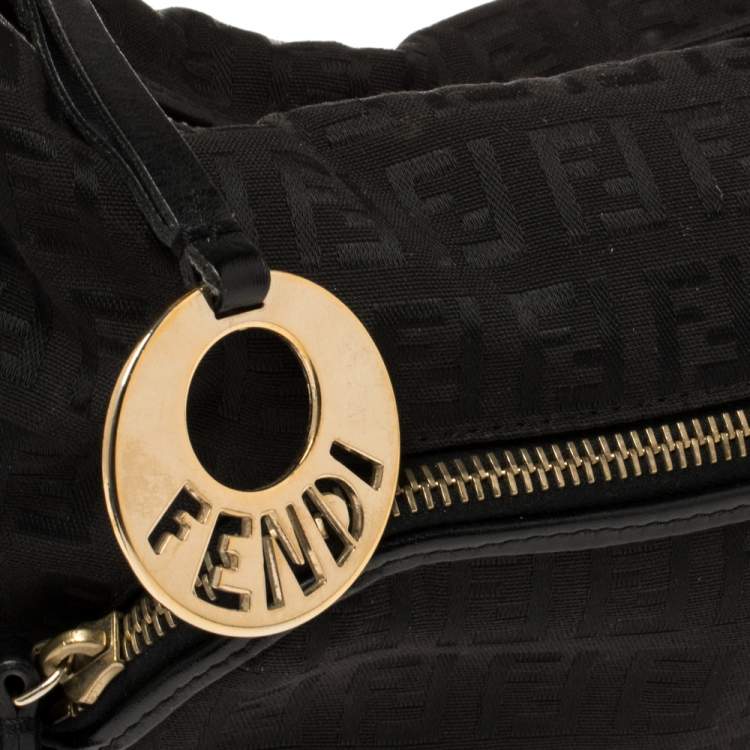 Pre Owned Fendi Black Zucchino Canvas Front Pocket Shoulder Bag