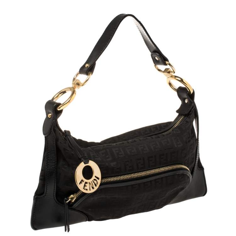 Pre Owned Fendi Black Zucchino Canvas Front Pocket Shoulder Bag