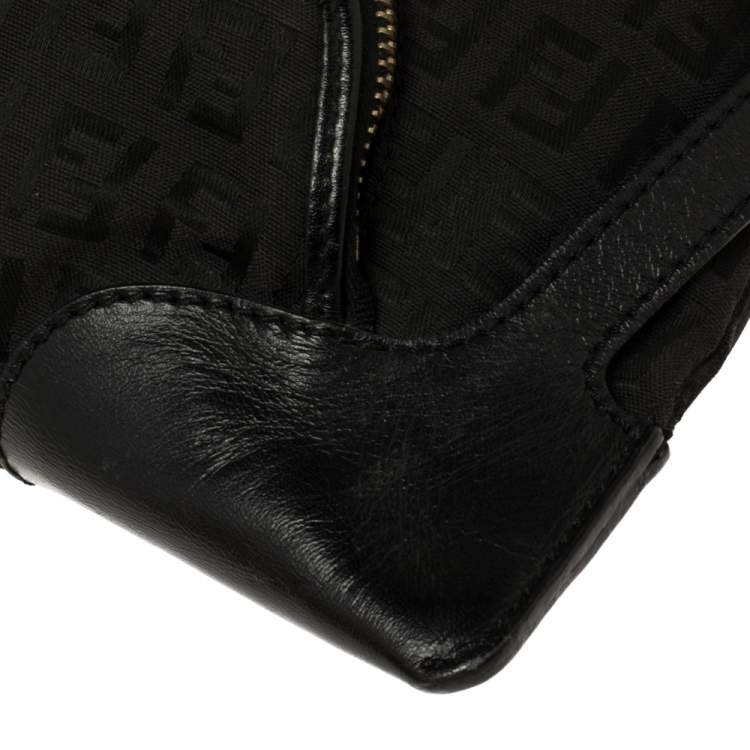 Pre Owned Fendi Black Zucchino Canvas Front Pocket Shoulder Bag