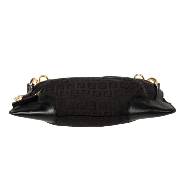 Pre Owned Fendi Black Zucchino Canvas Front Pocket Shoulder Bag