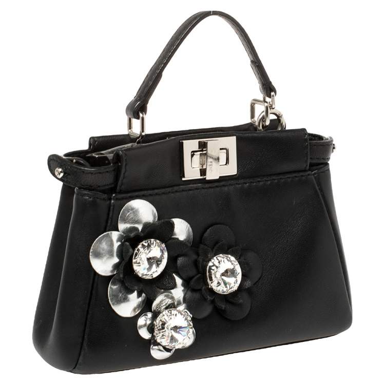 مملوكة مسبقًا Fendi Black Floral Embellished Leather Micro Peekaboo Top Handle Bag