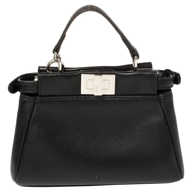 مملوكة مسبقًا Fendi Black Floral Embellished Leather Micro Peekaboo Top Handle Bag