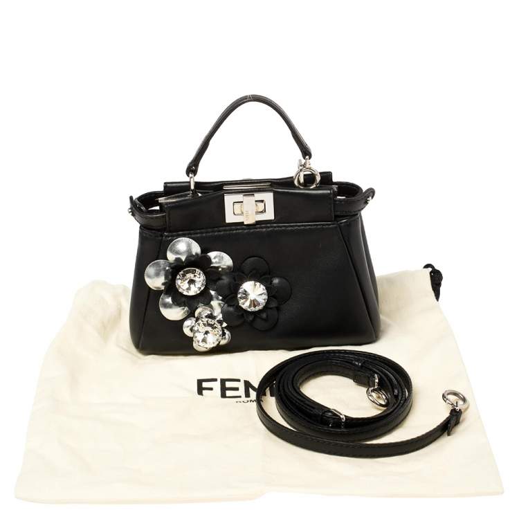 مملوكة مسبقًا Fendi Black Floral Embellished Leather Micro Peekaboo Top Handle Bag