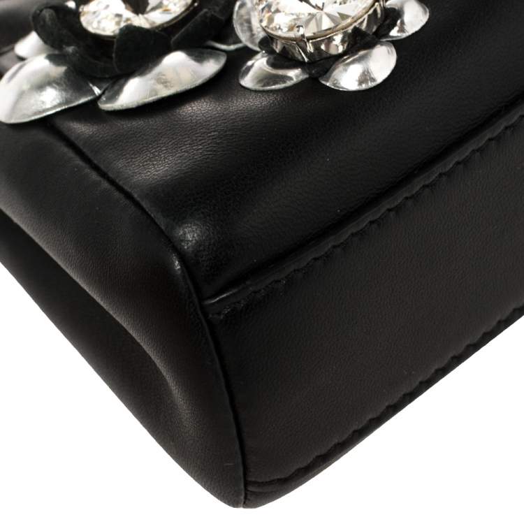 مملوكة مسبقًا Fendi Black Floral Embellished Leather Micro Peekaboo Top Handle Bag