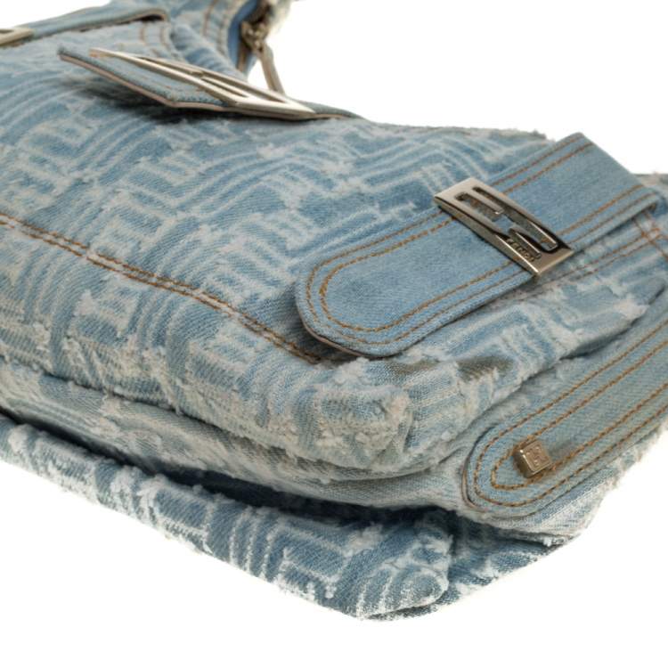 Pre Owned Fendi Light Blue/White Zucchino Denim Sweet Hobo 