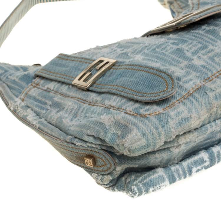 Pre Owned Fendi Light Blue/White Zucchino Denim Sweet Hobo 