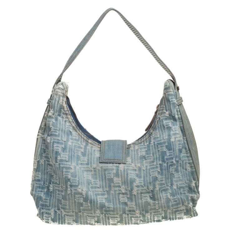 Pre Owned Fendi Light Blue/White Zucchino Denim Sweet Hobo 
